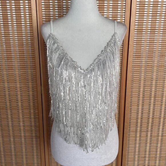12th Tribe Tops - 12th Tribe white sequin fringe tank top with adjustable straps